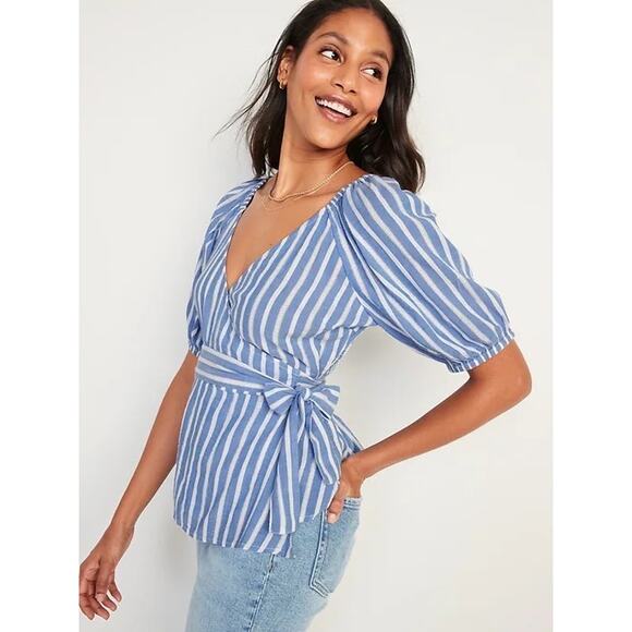 Old Navy Women's Striped Wrap Baby Doll Top Blue M Cottage Pastoral Feminine - Picture 1 of 15
